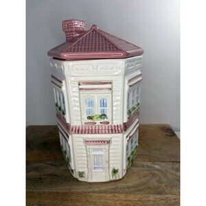 GENUINE WEISS VICTORIAN HOUSE CERAMIC COOKIE JAR IN PINK & WHITE W/ TREE 10”